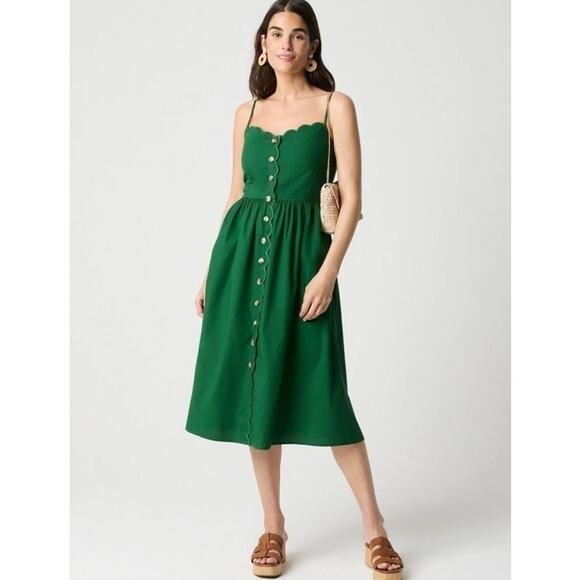 J. Crew Factory Women's Scallop-Trim Button-Front Midi Dress Fern Canyon 6 New - Picture 1 of 10